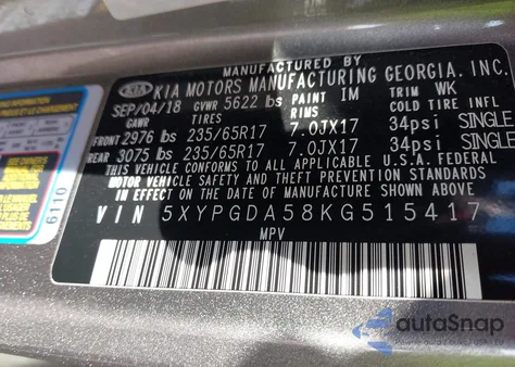 2019 Kia Sorento 3.3L Lx z USA, uszkodzony, nr VIN 5XYPGDA58KG515417